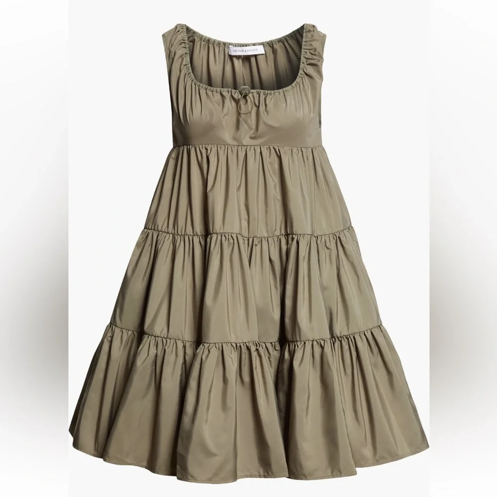 New Cecilie Bahnsen Aino Tiered Recycled Faille Minidress in Olive Green Size 4